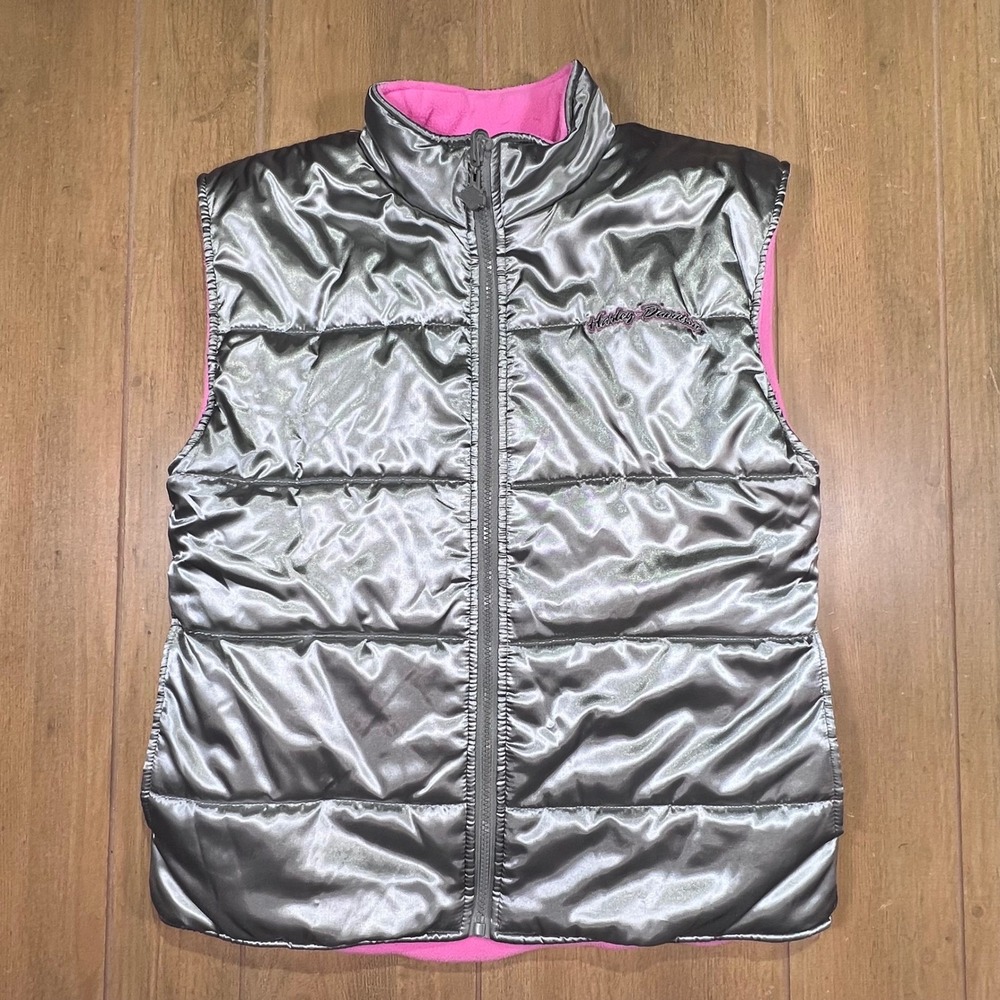 Harley Davidson Reversible Puffer Vest Pink Fleece Metallic Silver Sz 10/12